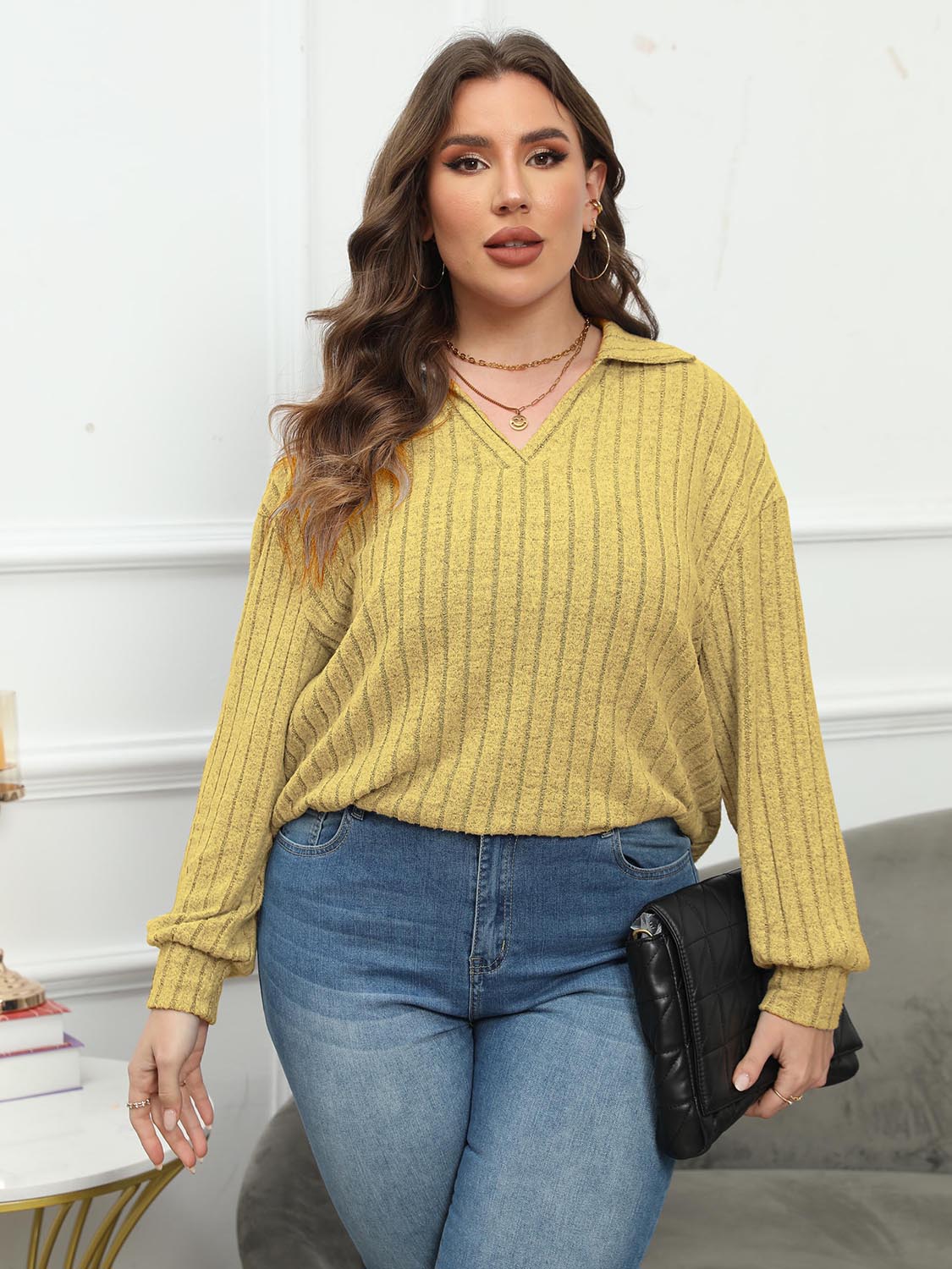 Plus Size Ribbed Collared Neck Long Sleeve Blouse - The Goddess Galleries