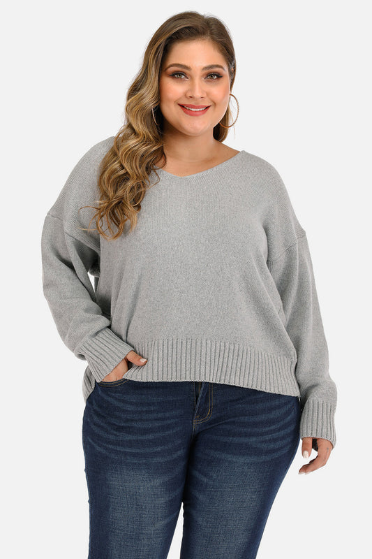 Plus Size V Neck Pullover Sweater - The Goddess Galleries