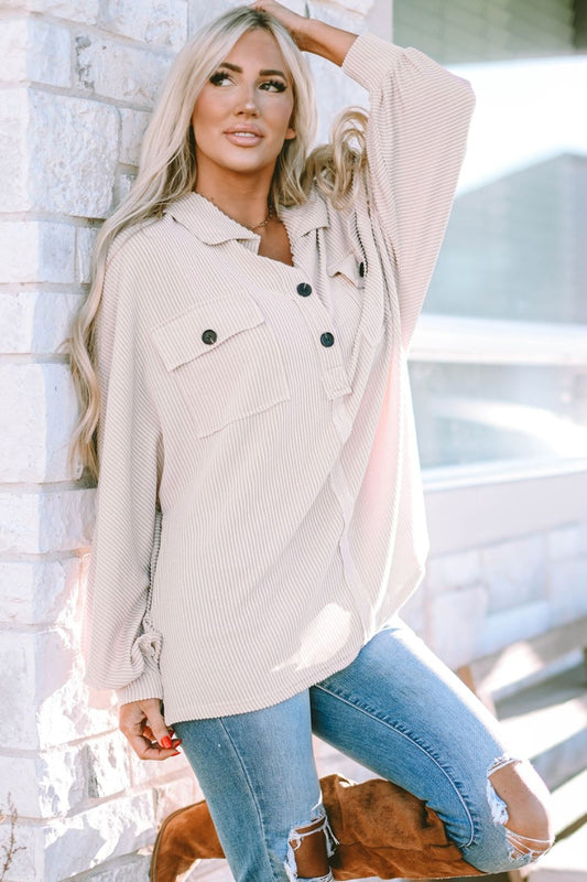 Collared Neck Half Button Long Sleeve Blouse - The Goddess Galleries