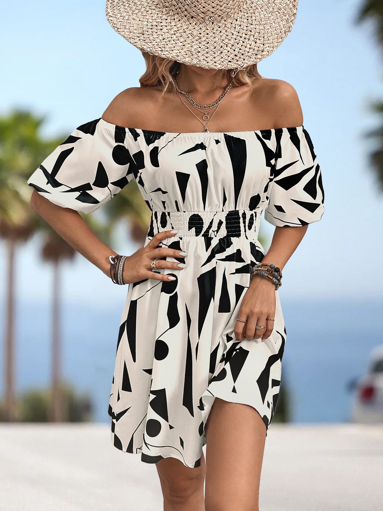 Printed Off-Shoulder Smocked Waist Dress - The Goddess Galleries