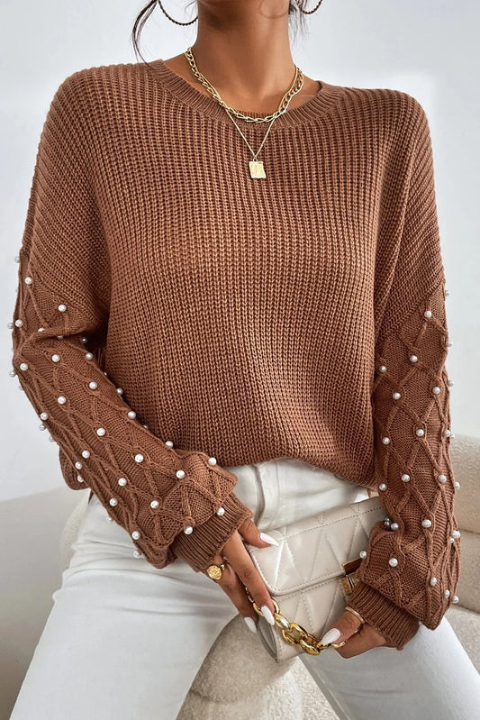 Pearl Detail Round Neck Long Sleeve Sweater - The Goddess Galleries