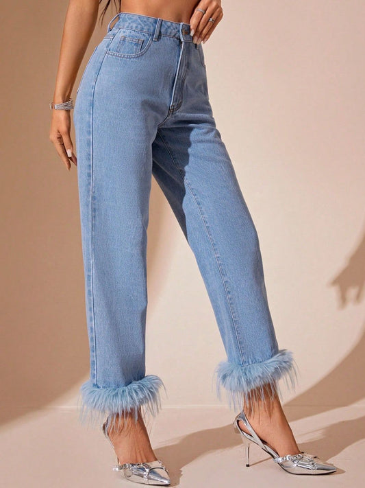 Plush Hem High Rise Straight Jeans - The Goddess Galleries