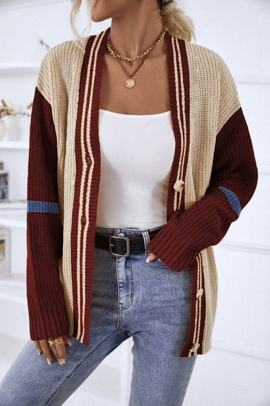 Contrast Button Up Dropped Shoulder Cardigan - The Goddess Galleries