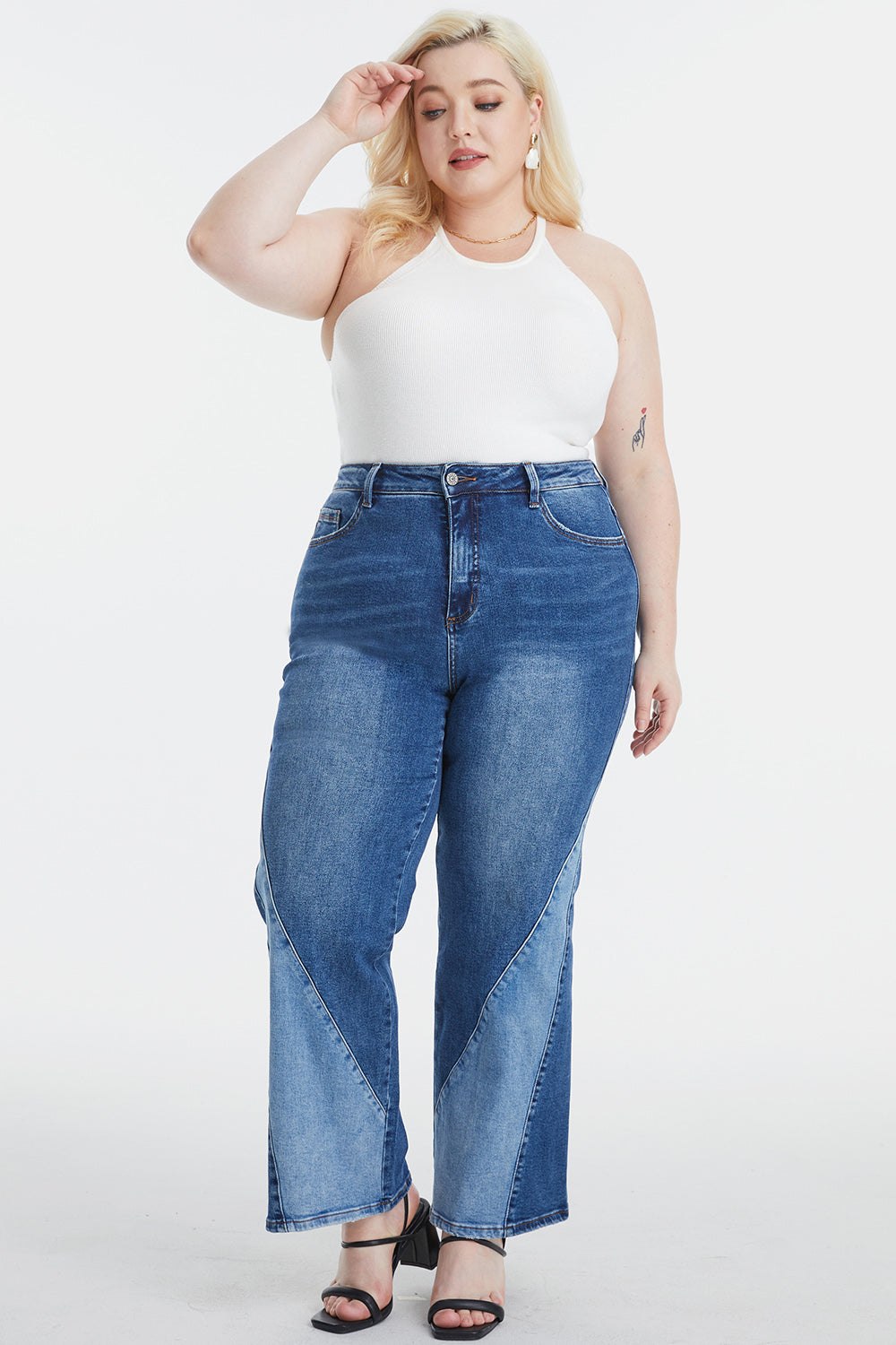 BAYEAS Full Size High Waist Two-Tones Patched Wide Leg Jeans - The Goddess Galleries