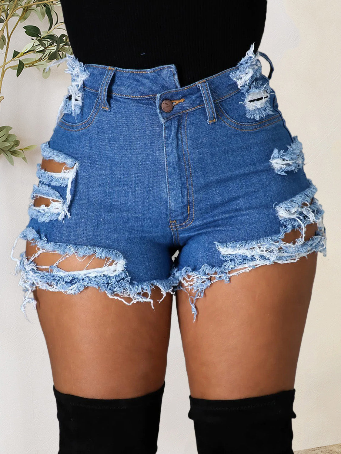 Distressed Raw Hem Denim Shorts with Pockets - The Goddess Galleries