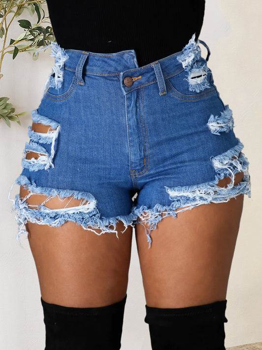 Distressed Raw Hem Denim Shorts with Pockets - The Goddess Galleries