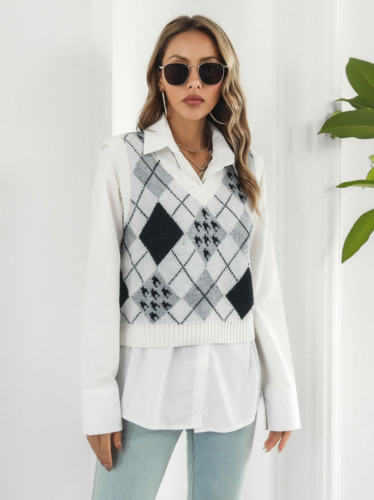 V-Neck Plaid Sweater Vest - The Goddess Galleries