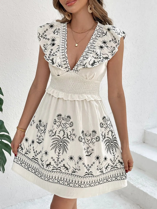 Smocked Ruffled Cap Sleeve Mini Dress - The Goddess Galleries