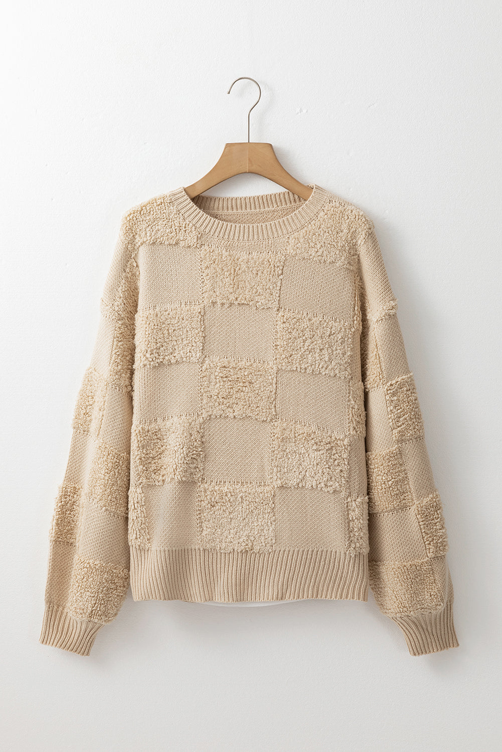 Checkered Round Neck Dropped Shoulder Sweater - The Goddess Galleries