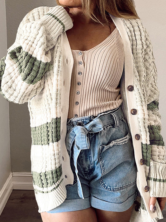 Plus Size Striped Button Up Dropped Shoulder Cardigan - The Goddess Galleries