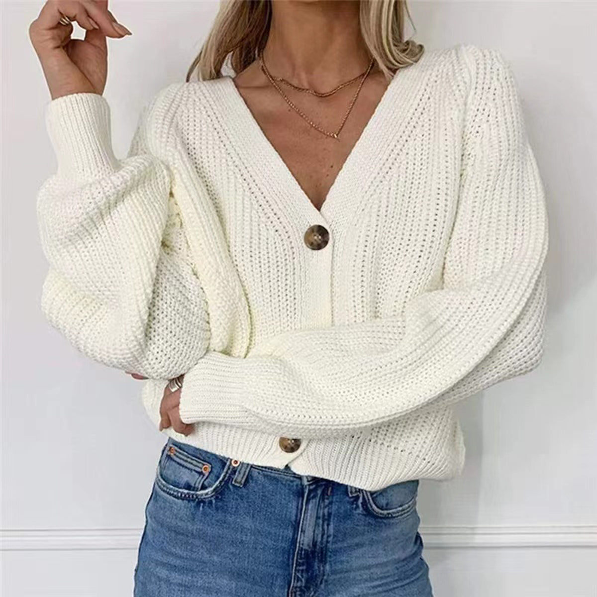 Button Up V-Neck Long Sleeve Cardigan - The Goddess Galleries