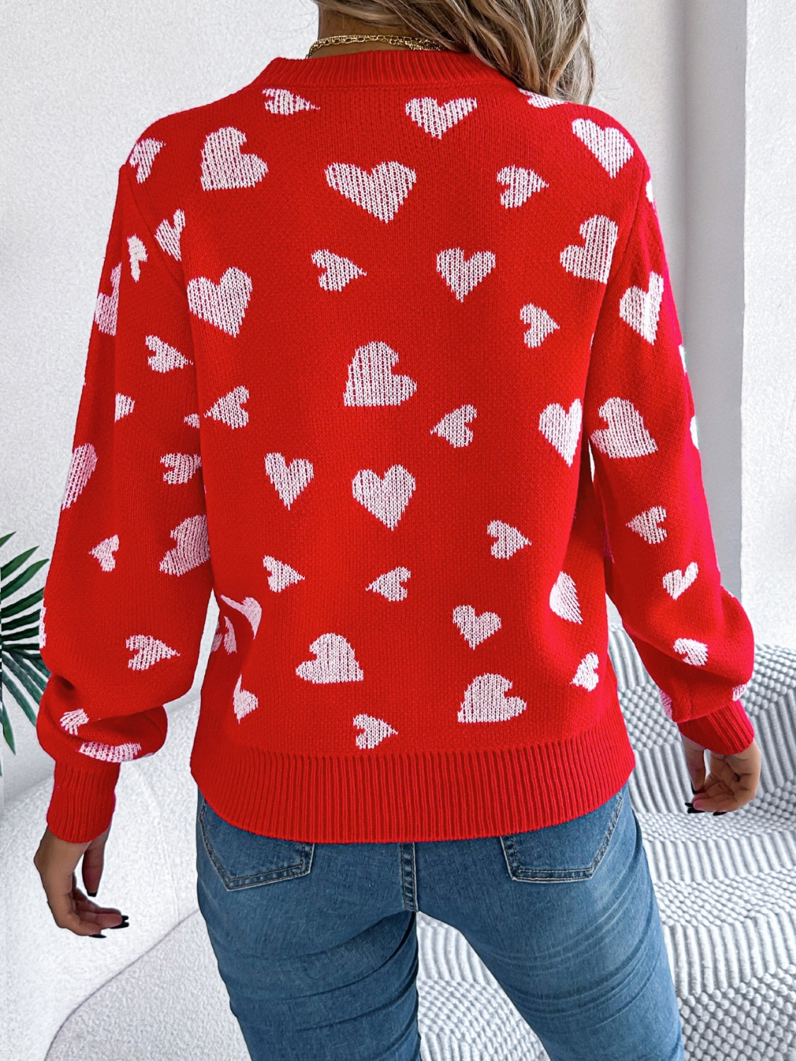Heart Round Neck Long Sleeve Sweater - The Goddess Galleries