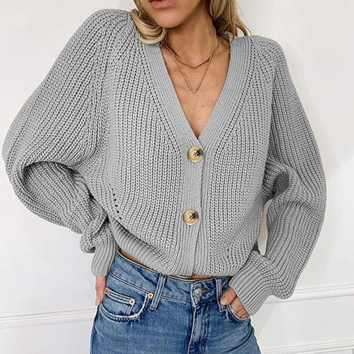 Button Up V-Neck Long Sleeve Cardigan - The Goddess Galleries