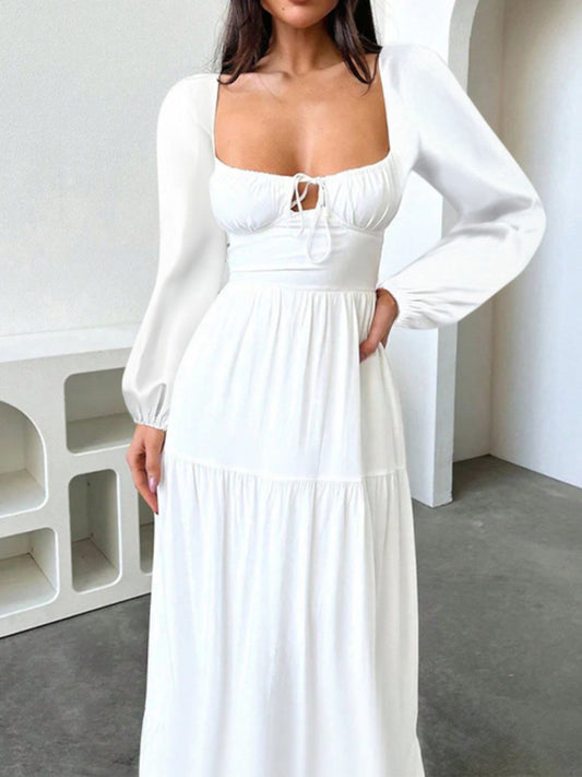 Devine Tie Front Long Sleeve Maxi Dress - The Goddess Galleries