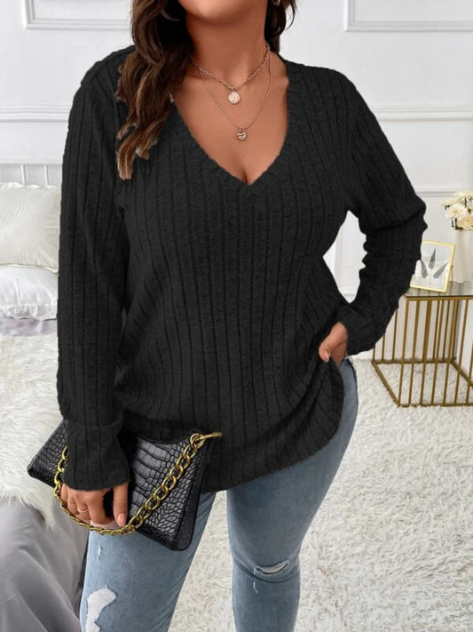 Plus Size V-Neck Long Sleeve T-Shirt - The Goddess Galleries