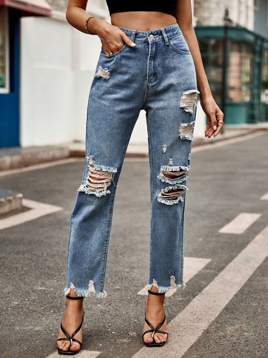 Distressed Raw Hem Jeans with Pockets - The Goddess Galleries