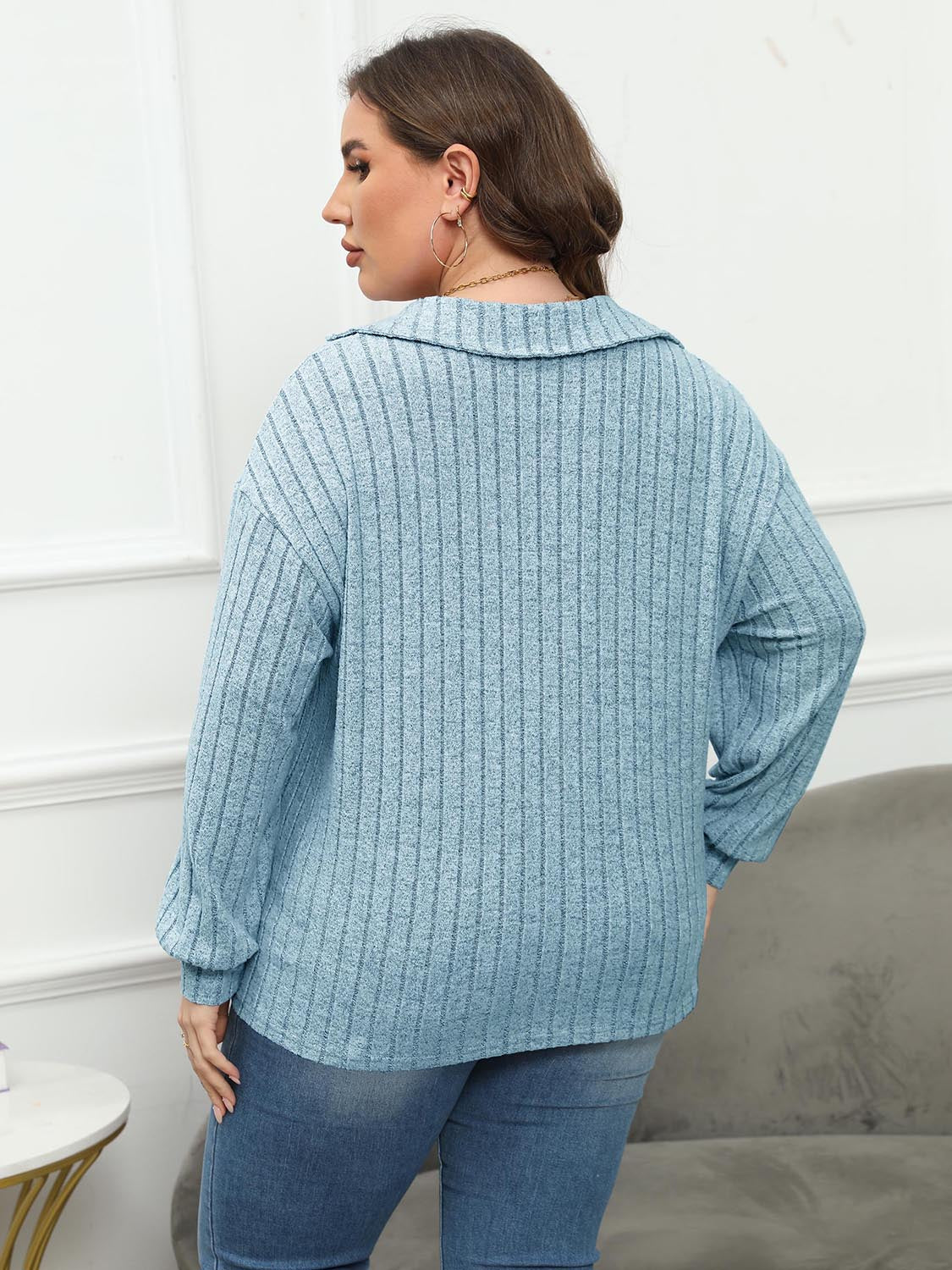 Plus Size Ribbed Collared Neck Long Sleeve Blouse - The Goddess Galleries