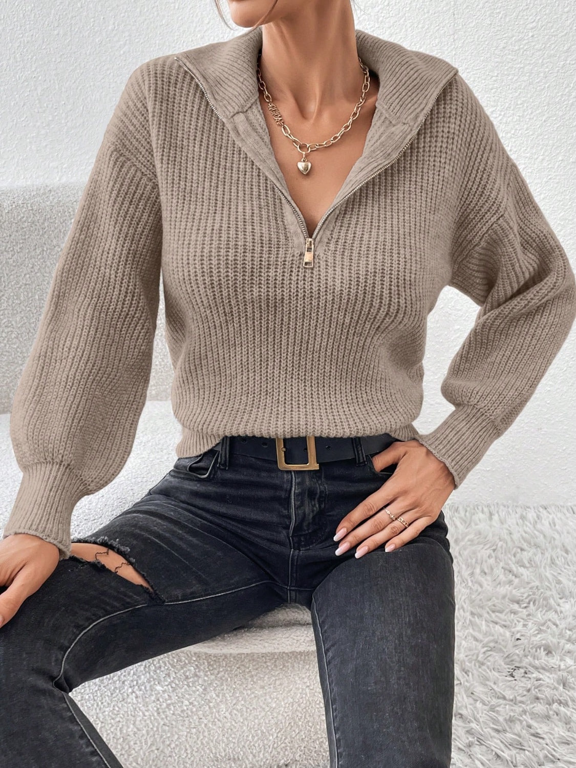 Honey Half Zip Dropped Shoulder Sweater - The Goddess Galleries