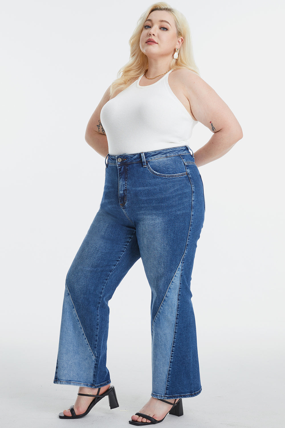 BAYEAS Full Size High Waist Two-Tones Patched Wide Leg Jeans - The Goddess Galleries