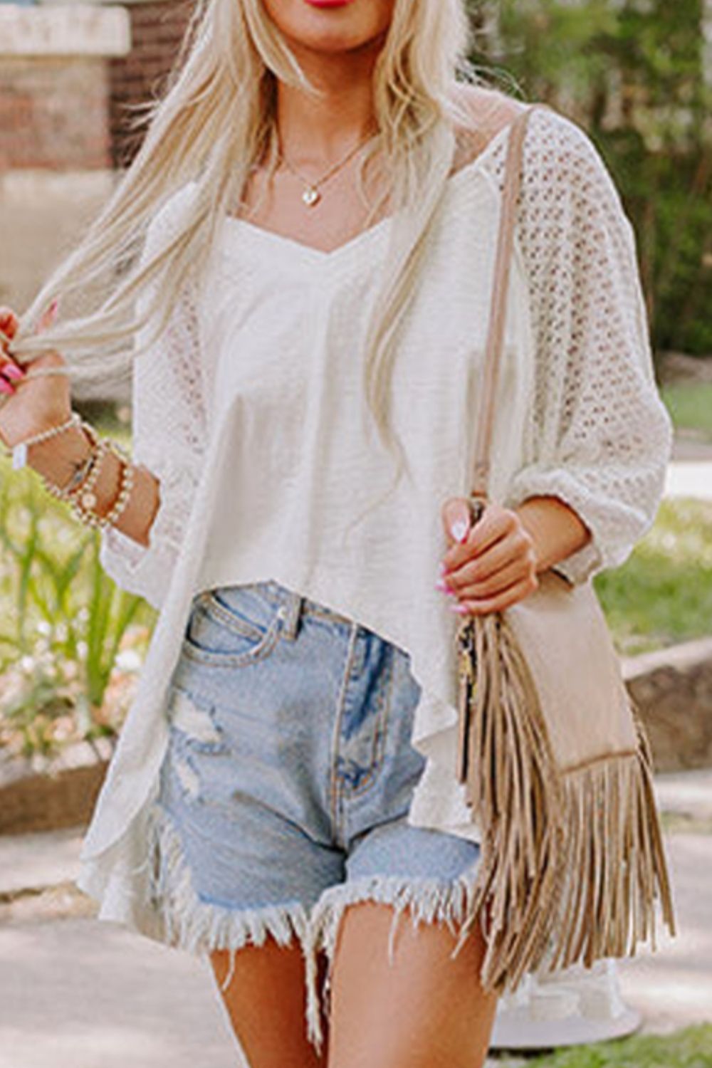 Openwork High Low Hem V Neck Oversized Top - The Goddess Galleries