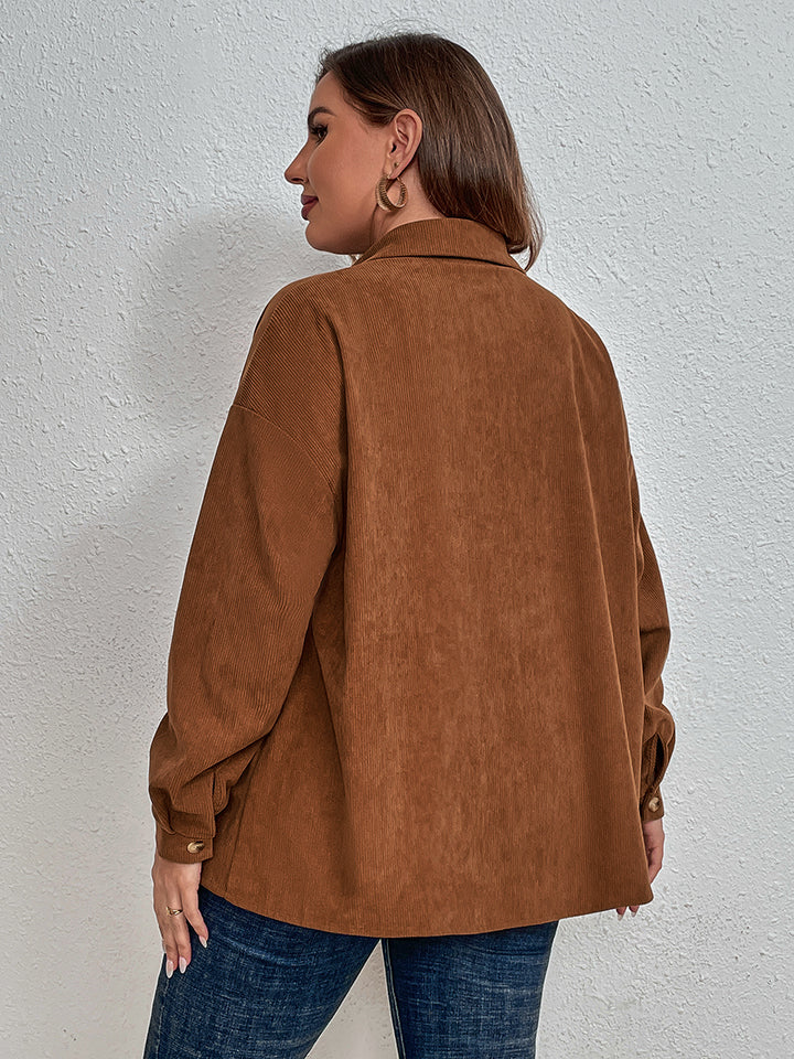 Honey Plus Size Collared Neck Long Sleeve Shirt - The Goddess Galleries