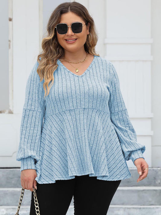 Plus Size Ribbed V-Neck Long Sleeve Blouse - The Goddess Galleries