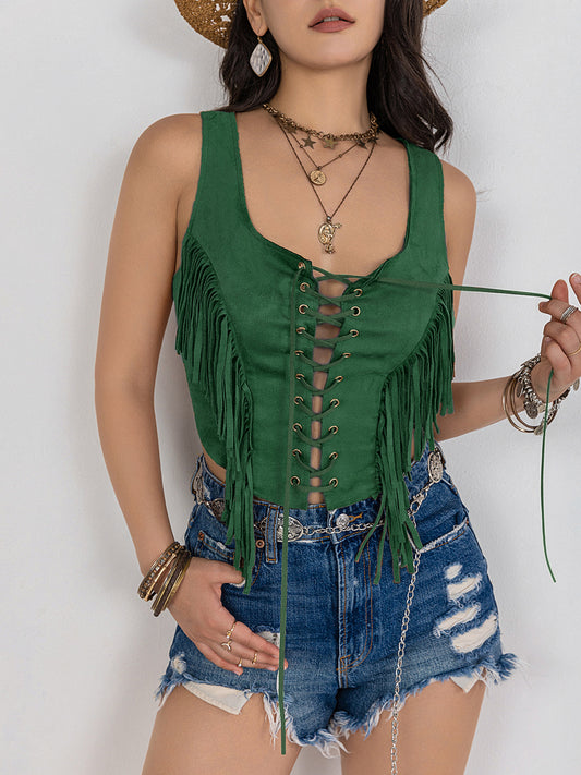 Fringe Lace-Up Wide Strap Tank - The Goddess Galleries