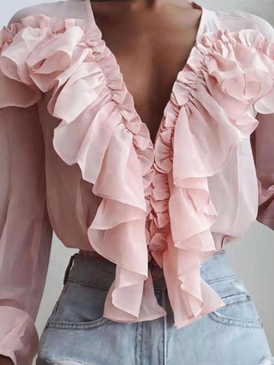 Ruffled V-Neck Long Sleeve Blouse - The Goddess Galleries