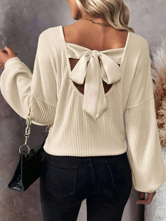 Bow Back V-Neck Drop Shoulder T-Shirt - The Goddess Galleries