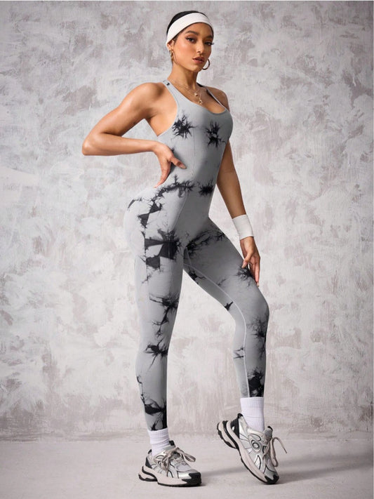 Back Crisscross Tie-Dye Scoop Neck Active Jumpsuit - The Goddess Galleries