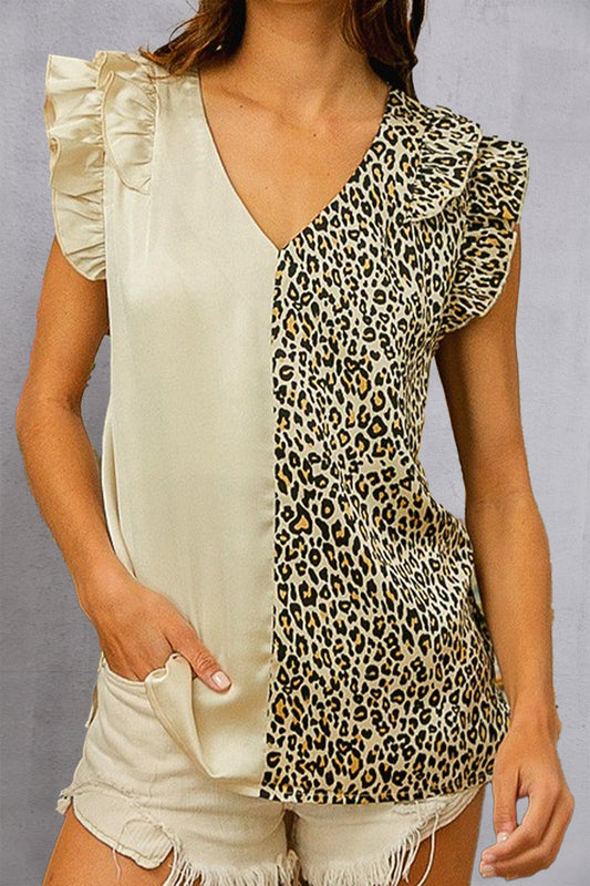 Ruffled Leopard V-Neck Cap Sleeve Blouse - The Goddess Galleries