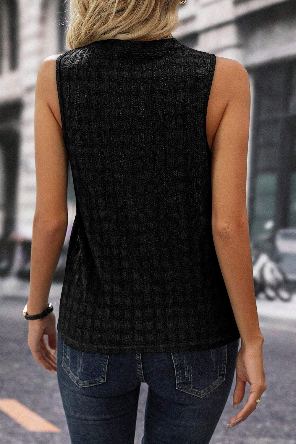 Solid Notched Sleeveless Blouse - The Goddess Galleries