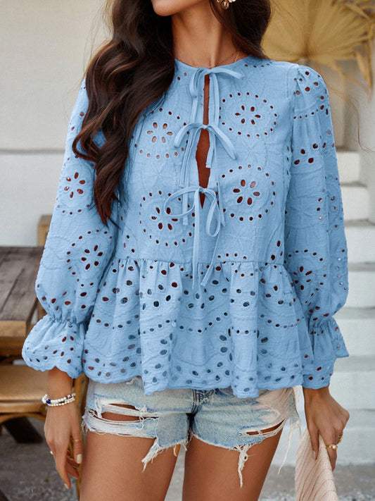 Devine Tie Front Flounce Sleeve Peplum Blouse - The Goddess Galleries