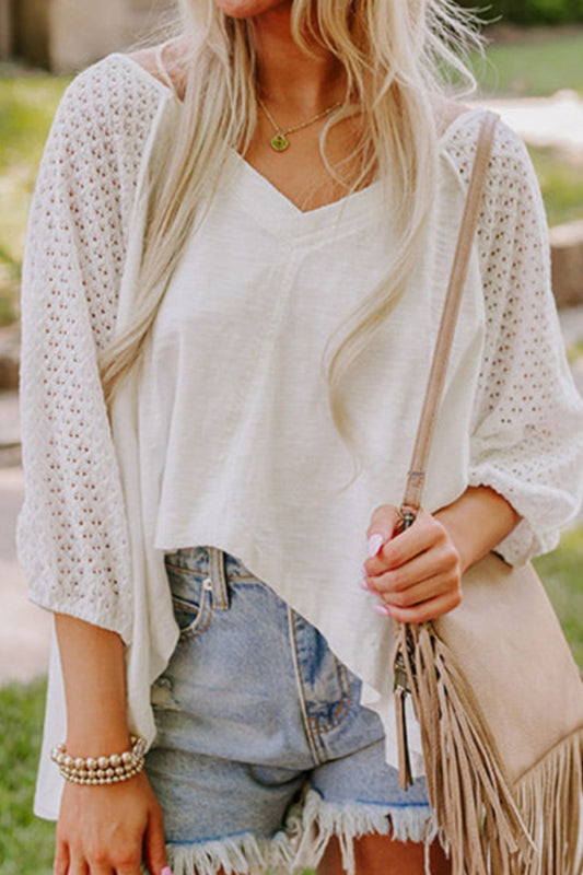 Openwork High Low Hem V Neck Oversized Top - The Goddess Galleries