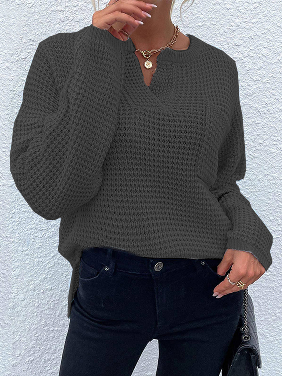 Notched Long Sleeve Sweater - The Goddess Galleries