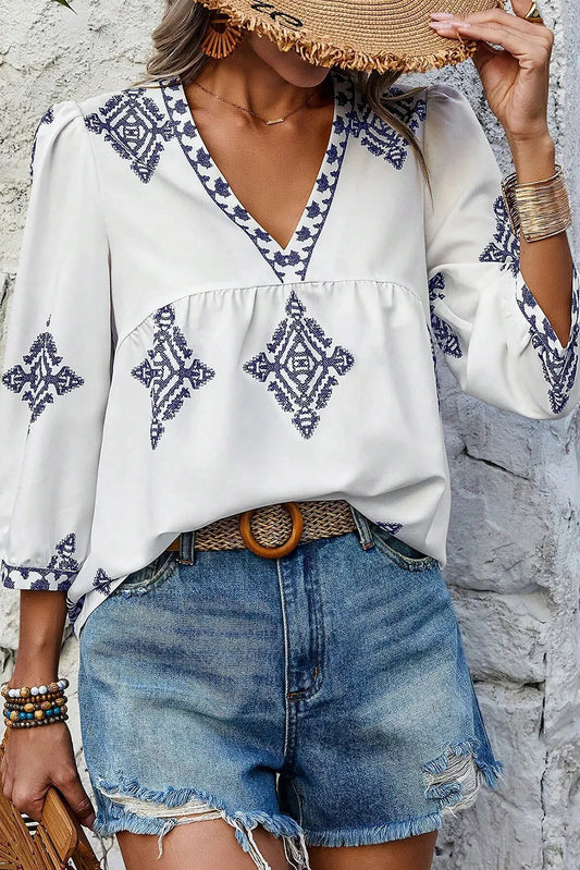 Printed V-Neck Three-Quarter Sleeve Blouse - The Goddess Galleries