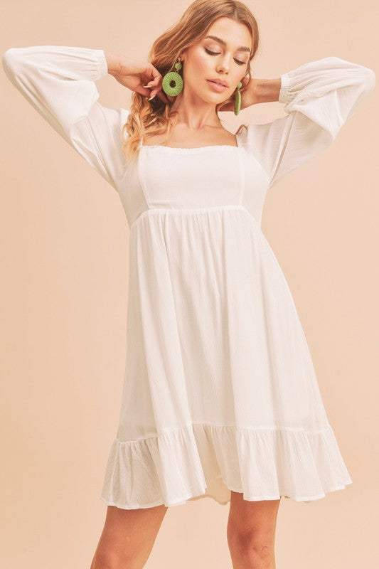 Aemi + Co Ruffled Hem Square Neck Balloon Sleeve Mini Dress - The Goddess Galleries