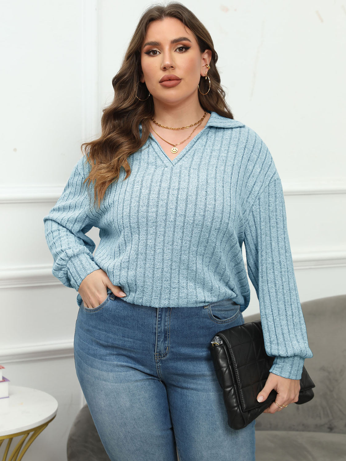 Plus Size Ribbed Collared Neck Long Sleeve Blouse - The Goddess Galleries