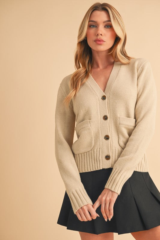 Aemi + Co Ribbed Hem Button Down V-Neck Cardigan - The Goddess Galleries