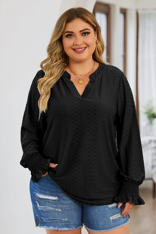Plus Size Eyelet Notched Flounce Sleeve Blouse - The Goddess Galleries