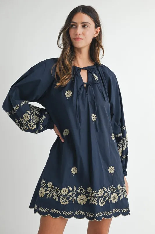 MABLE Embroidered Long Sleeve Peasant Mini Dress - The Goddess Galleries