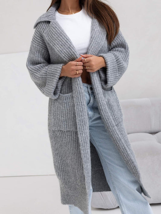 Pocketed Collared Neck Dropped Shoulder Cardigan - The Goddess Galleries