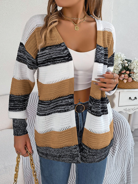 Openwork Striped Open Front Cardigan - The Goddess Galleries