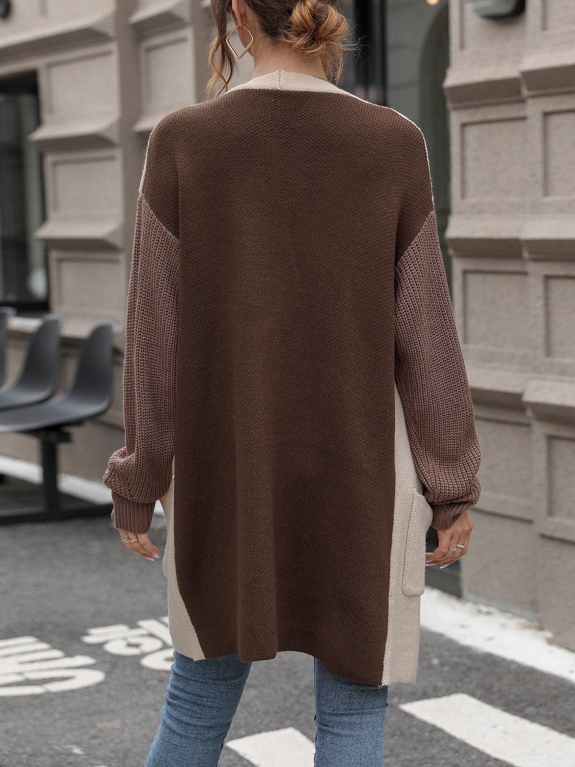 Perfee Contrast Open Front Long Sleeve Cardigan - The Goddess Galleries