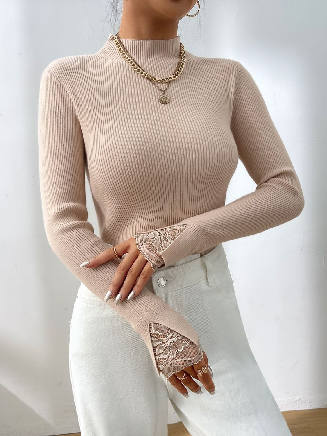 Lace Detail Mock Neck Long Sleeve Sweater - The Goddess Galleries