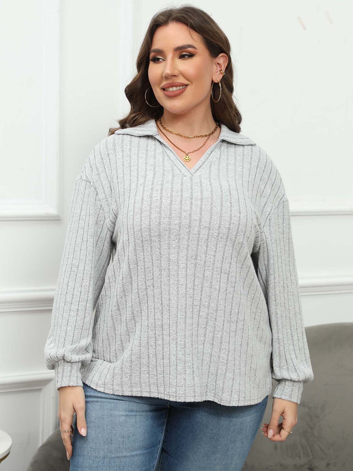 Plus Size Ribbed Collared Neck Long Sleeve Blouse - The Goddess Galleries