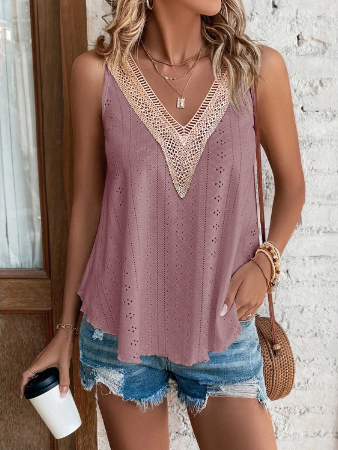 Eyelet V-Neck Wide Strap Tank - The Goddess Galleries