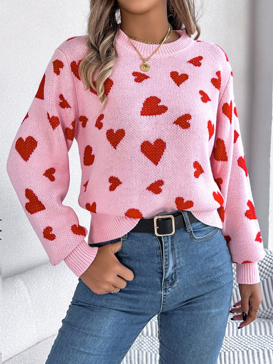Heart Round Neck Long Sleeve Sweater - The Goddess Galleries
