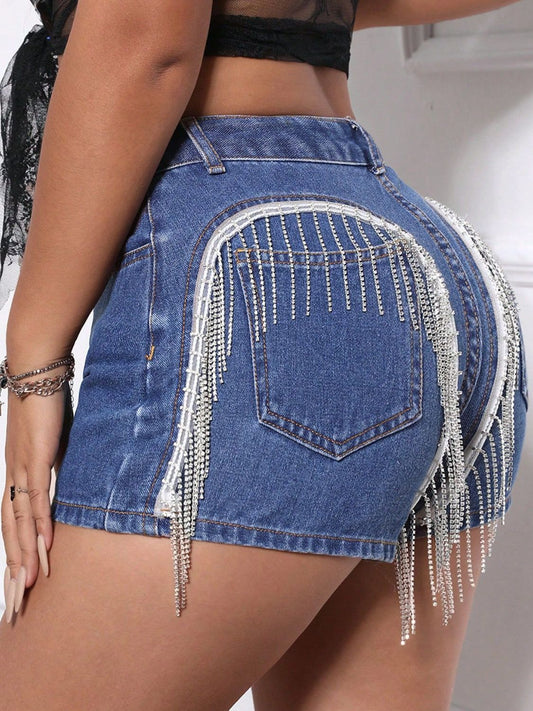 Fringe Back Denim Shorts with Pockets - The Goddess Galleries