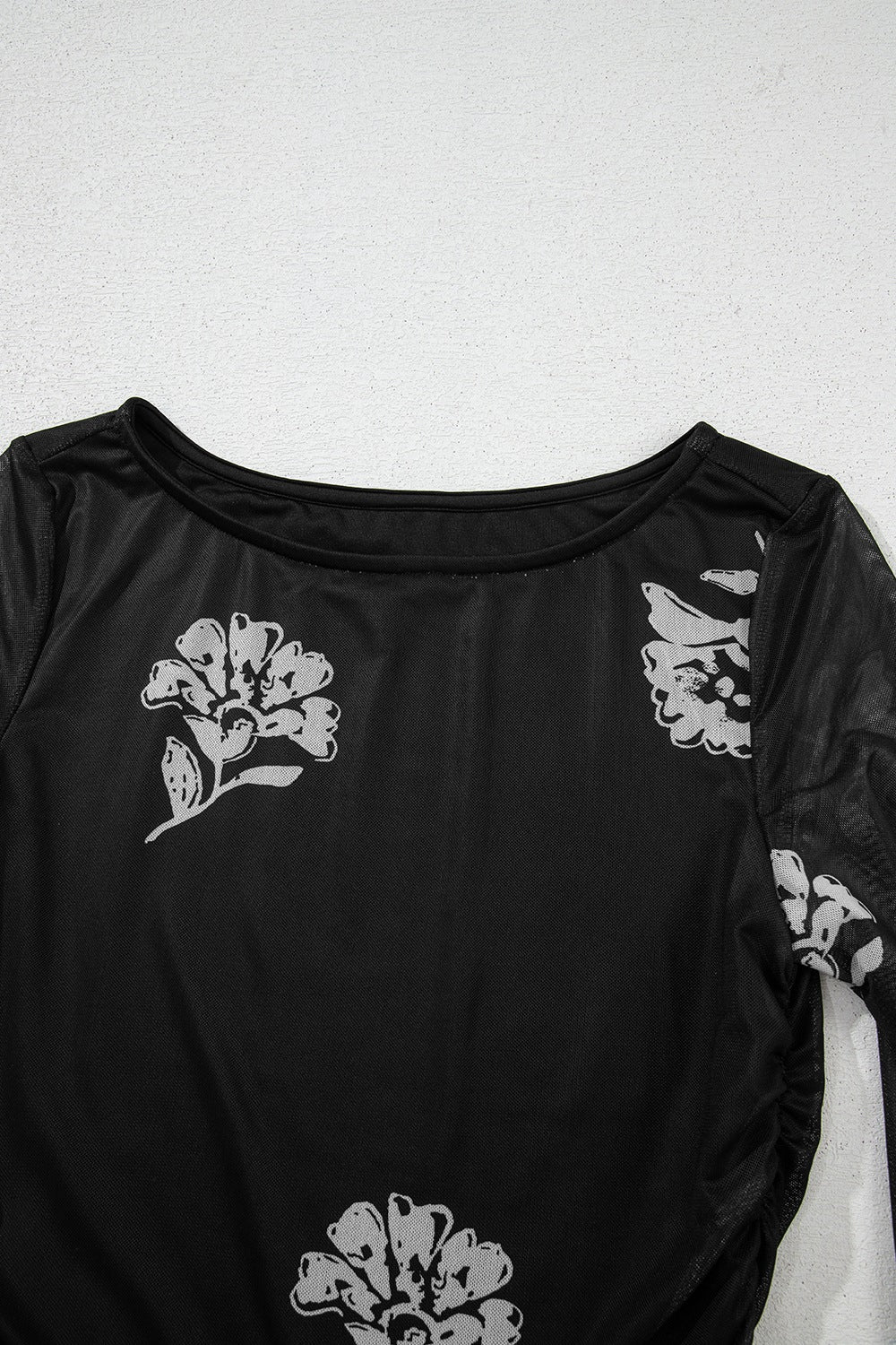 Floral Mesh Lettuce Edge Ruched Slim Long Sleeve Top - The Goddess Galleries